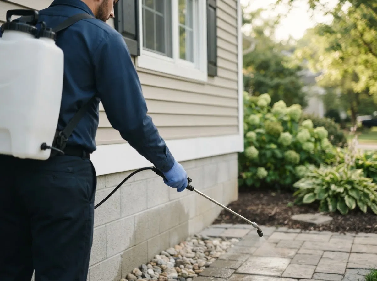 Pest control technician inspecting a home in Lake Pleasant, MA